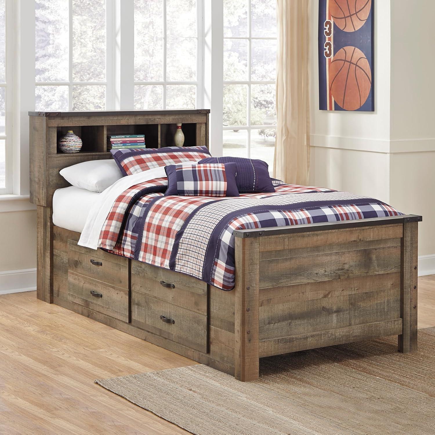 imageSignature Design by Ashley Trinell Casual Twin Bookcase Platform Bed with 2 Storage Drawers and Nailheads Foundation or Box Spring Not Needed Dark BrownTwin Bookcase Bed with 2 Storage Drawers
