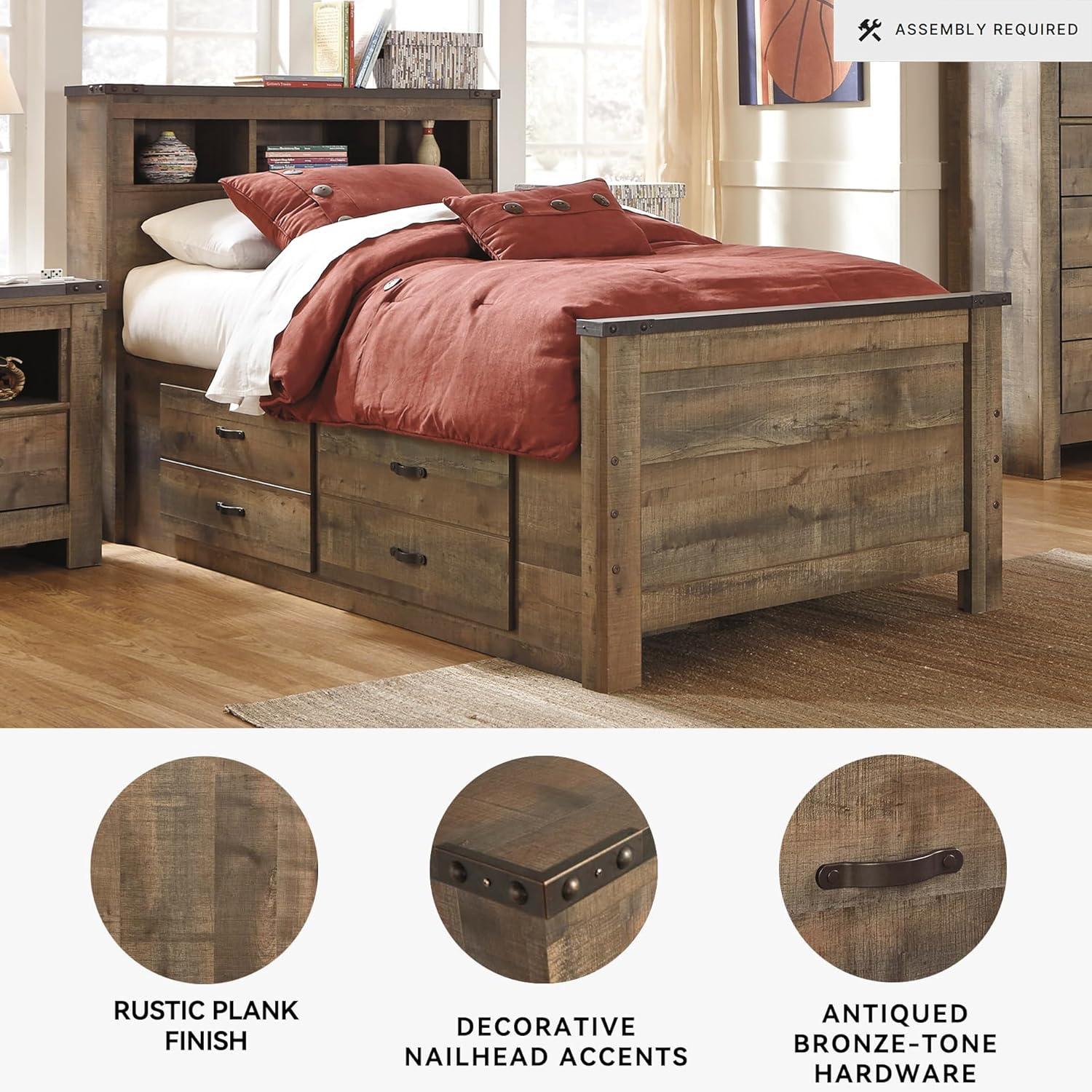 imageSignature Design by Ashley Trinell Casual Twin Bookcase Platform Bed with 2 Storage Drawers and Nailheads Foundation or Box Spring Not Needed Dark BrownTwin Bookcase Bed with 2 Storage Drawers