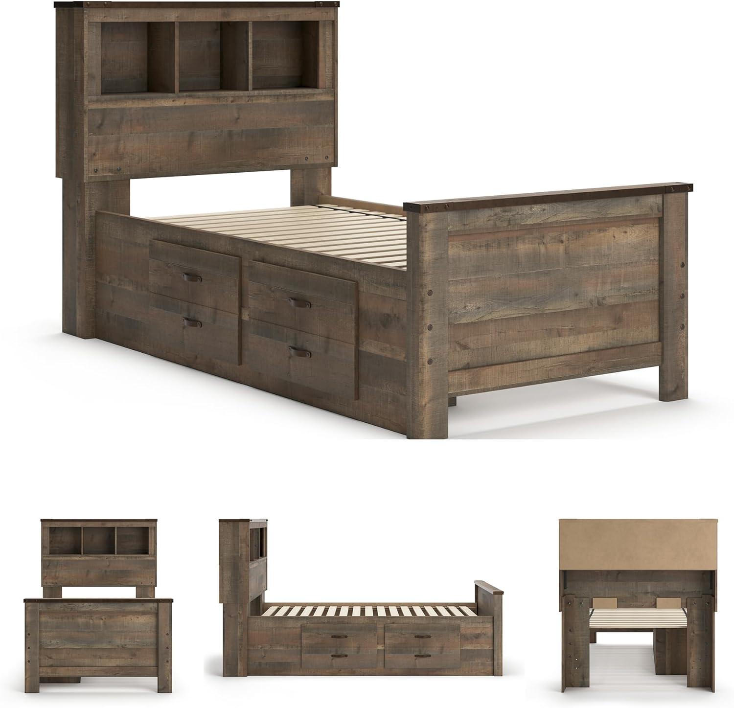 imageSignature Design by Ashley Trinell Casual Twin Bookcase Platform Bed with 2 Storage Drawers and Nailheads Foundation or Box Spring Not Needed Dark BrownTwin Bookcase Bed with 2 Storage Drawers