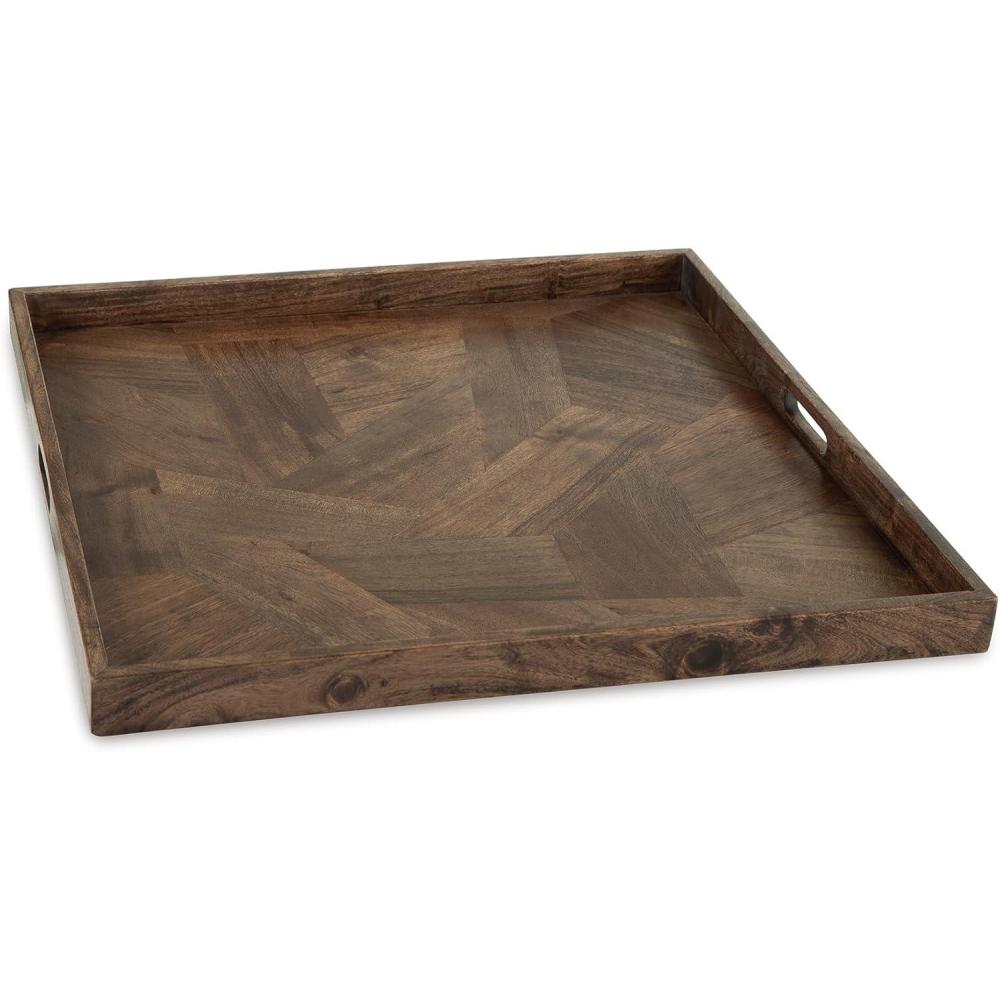 imageSignature Design by Ashley Heddford Casual Square Geometric Decorative Tray with Handle Dark Brown