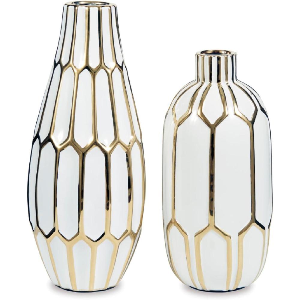 imageSignature Design by Ashley Mohsen Honeycomb Ceramic 2 Piece Bottle Neck Vase Set White amp Gold