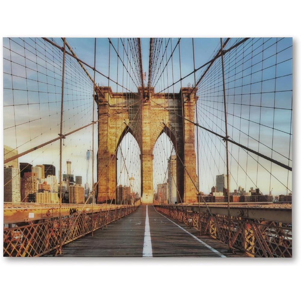 imageSignature Design by Ashley Shayward Contemporary Brooklyn Bridge Glass Wall Art 48 x 36 Inches Blue amp Light Brown