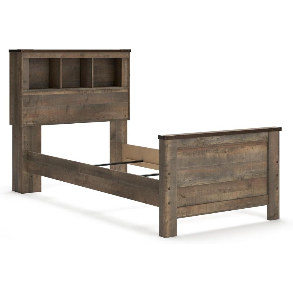 imageSignature Design by Ashley Trinell Casual Twin Bookcase Platform Bed with 2 Storage Drawers and Nailheads Foundation or Box Spring Not Needed Dark BrownTwin Bookcase Bed