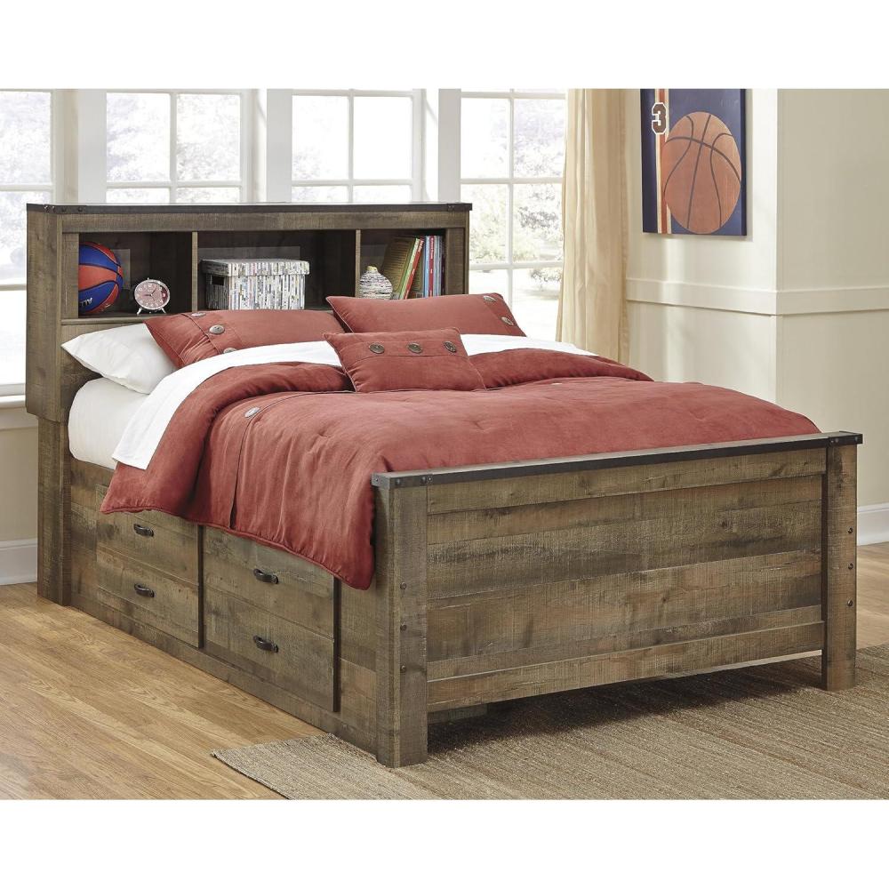 imageSignature Design by Ashley Trinell Casual Twin Bookcase Platform Bed with 2 Storage Drawers and Nailheads Foundation or Box Spring Not Needed Dark BrownFull Bookcase Bed with 2 Sided Storage