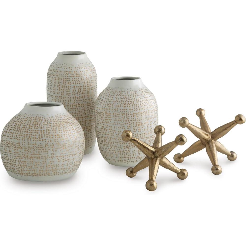imageSignature Design by Ashley Vinburn Contemporary Indoor Metal Dots Vase and Sculpture Accessory Set Set of 5 Black amp MetallicWhiteGold Finish