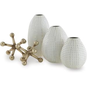 Signature Design by Ashley Azerton Contemporary Indoor Metal Dots Vase and Sculpture Accessory Set, Set of 5, White & Metallic