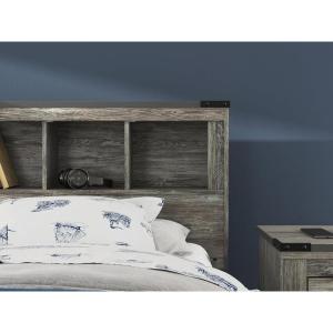 Signature Design by Ashley Frandern Mid-Century Modern Bookcase Headboard with Storage and Nailhead, Twin, Gray