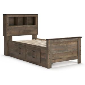 Signature Design by Ashley Trinell Casual Twin Bookcase Platform Bed with 2 Storage Drawers and Nailheads, Foundation or Box Spring Not Needed, Dark Brown(Twin Bookcase Bed with 2 Storage Drawers)