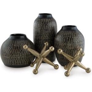 Signature Design by Ashley Vinburn Contemporary Indoor Metal Dots Vase and Sculpture Accessory Set, Set of 5, Black & Metallic(Black/Gold Finish)