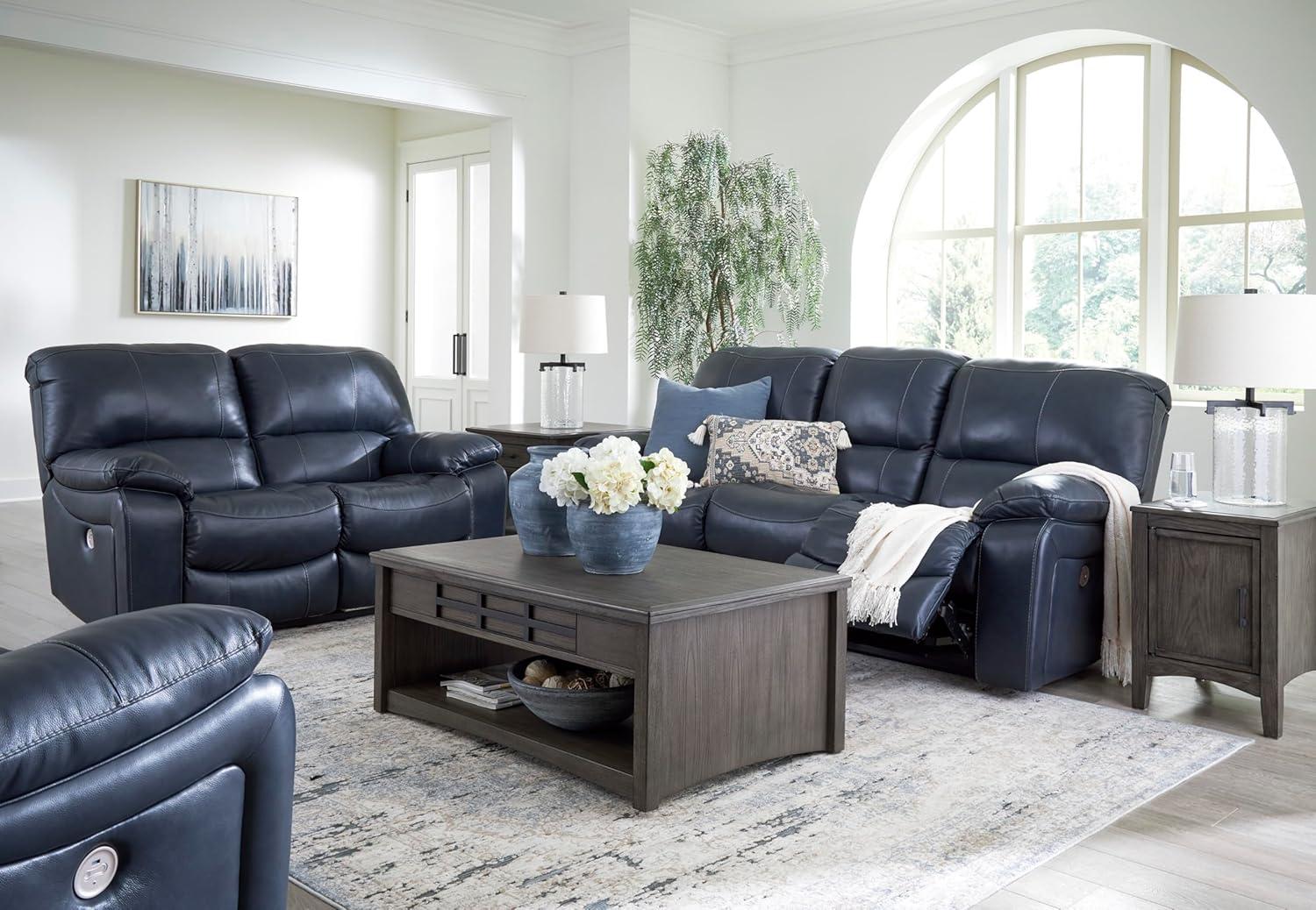 imageSignature Design by Ashley First Base Contemporary Faux Leather Manual Reclining Loveseat GrayBlue