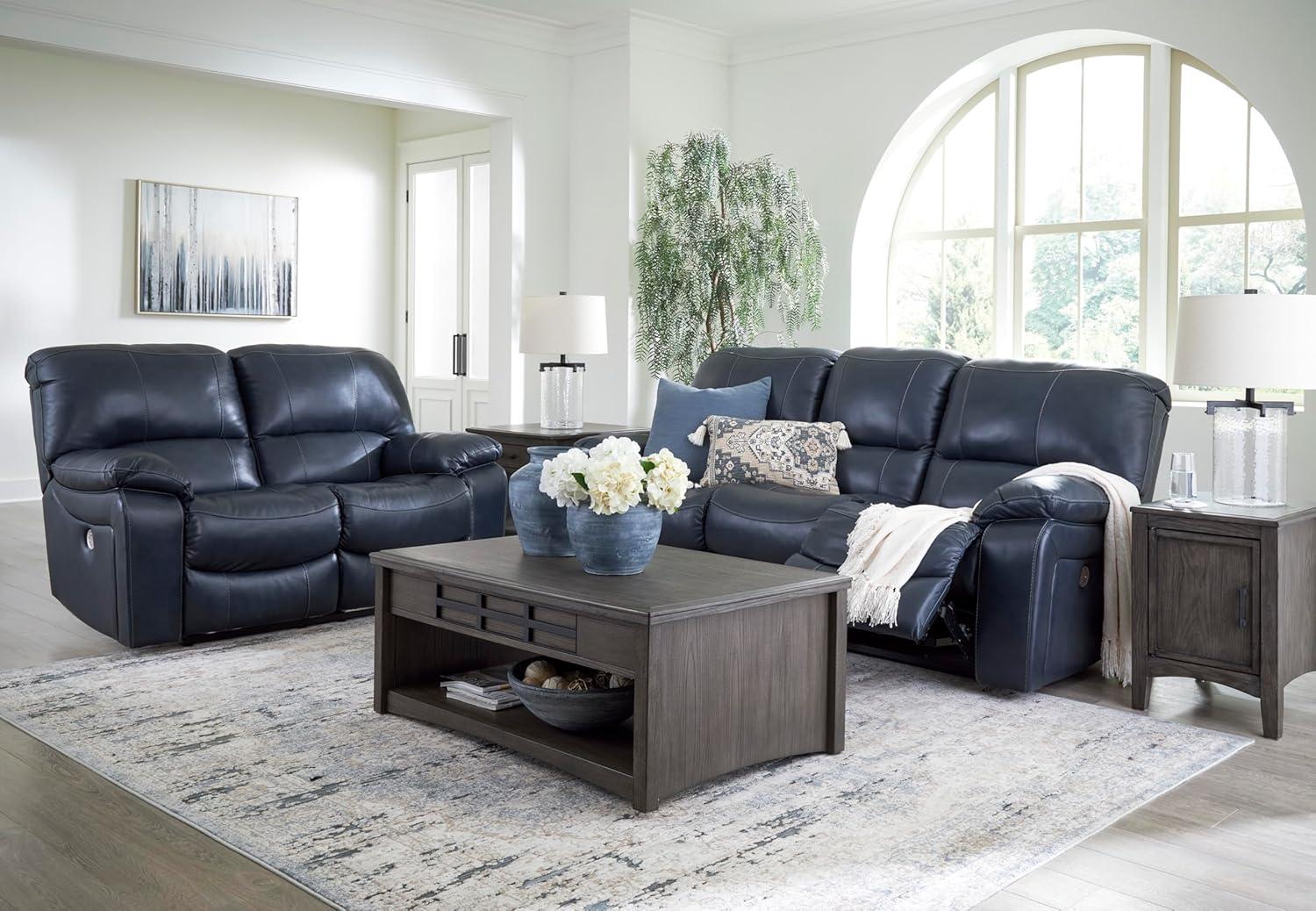 imageSignature Design by Ashley First Base Contemporary Faux Leather Manual Reclining Loveseat GrayBlue