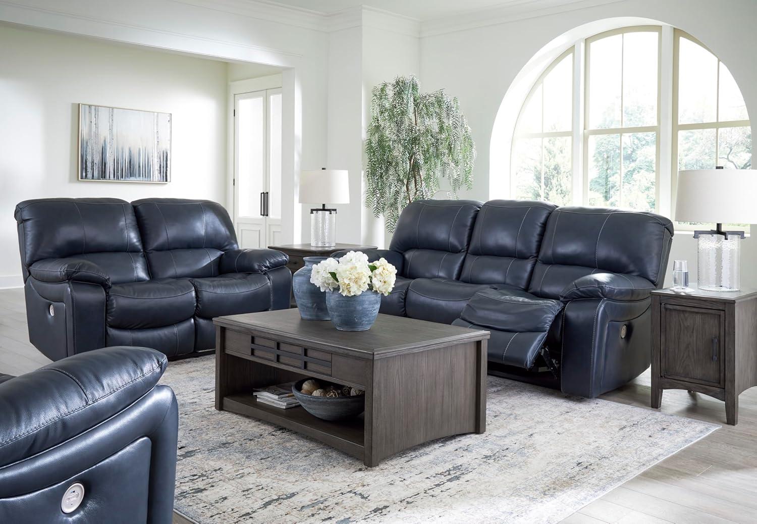 imageSignature Design by Ashley First Base Contemporary Faux Leather Manual Reclining Loveseat GrayBlue