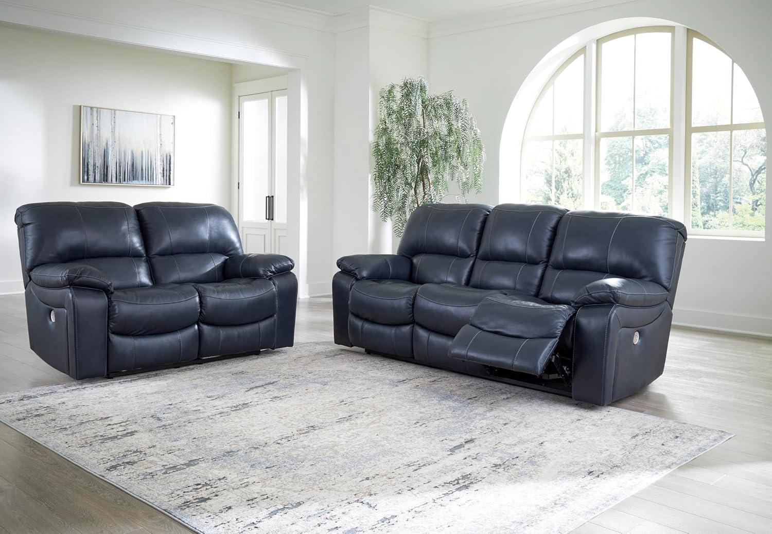 imageSignature Design by Ashley First Base Contemporary Faux Leather Manual Reclining Loveseat GrayBlue