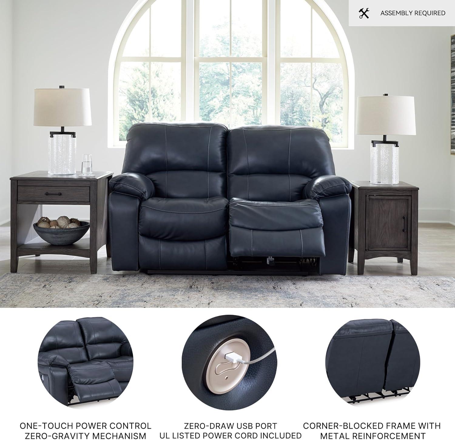 imageSignature Design by Ashley First Base Contemporary Faux Leather Manual Reclining Loveseat GrayBlue