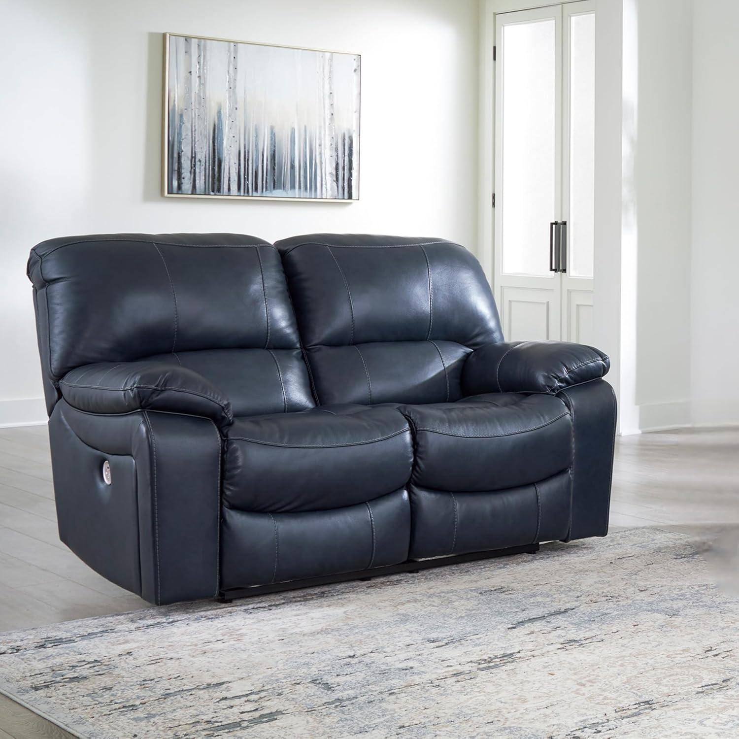 imageSignature Design by Ashley First Base Contemporary Faux Leather Manual Reclining Loveseat GrayBlue