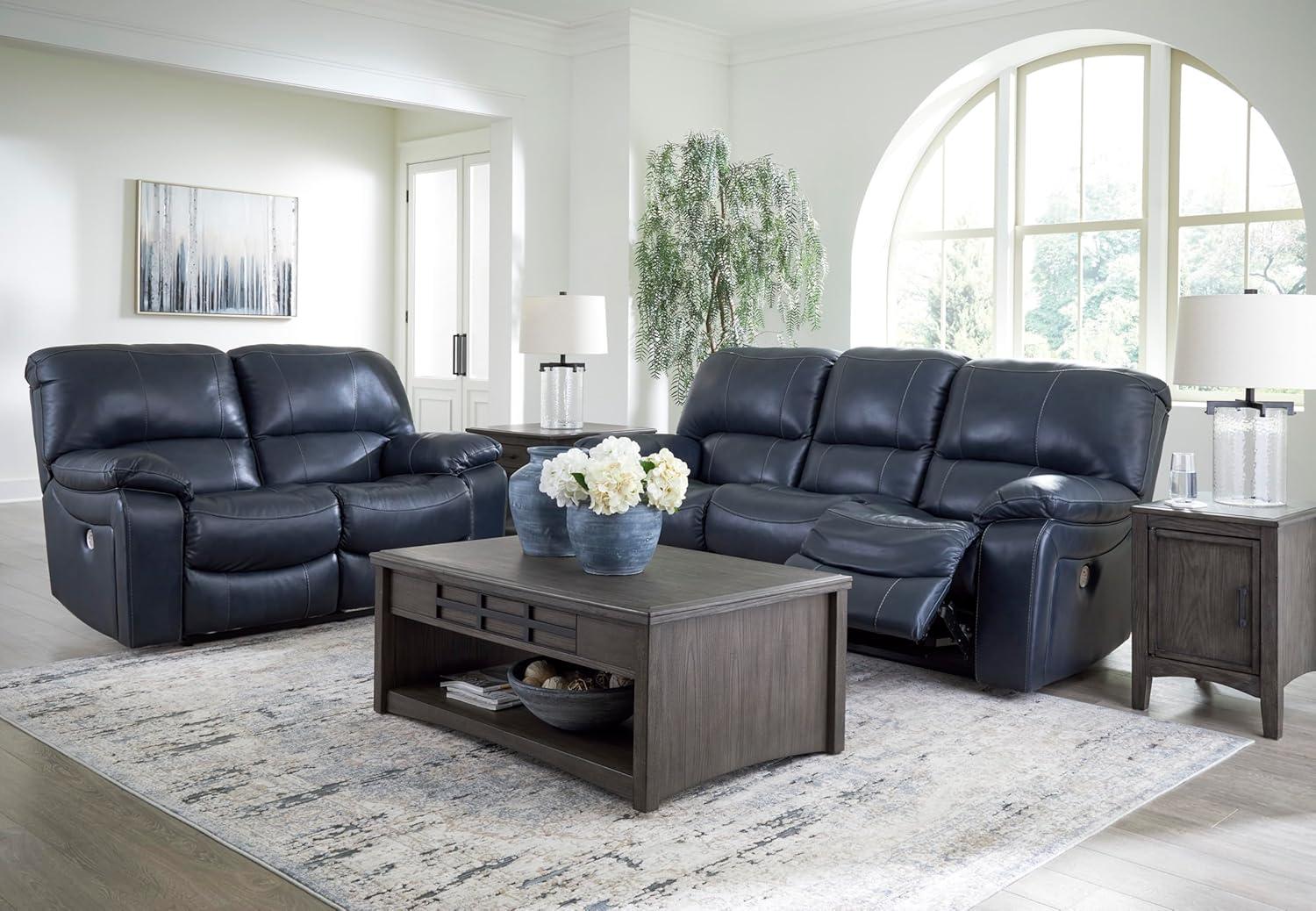 imageSignature Design by Ashley First Base Contemporary Faux Leather Manual Reclining Loveseat GrayBlue