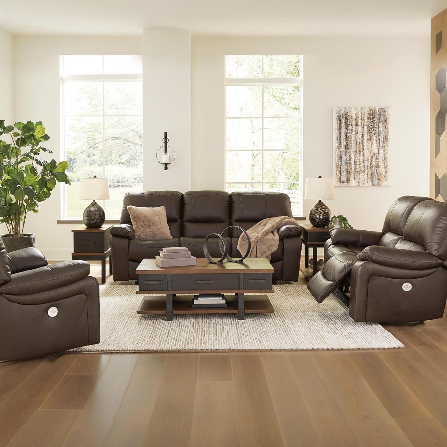 imageSignature Design by Ashley First Base Contemporary Faux Leather Manual Reclining Loveseat GrayBrown