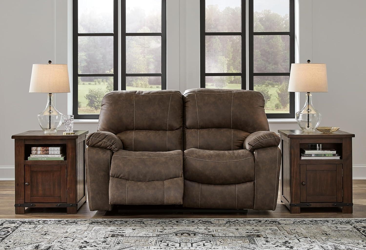 imageSignature Design by Ashley First Base Contemporary Faux Leather Manual Reclining Loveseat GrayBrown