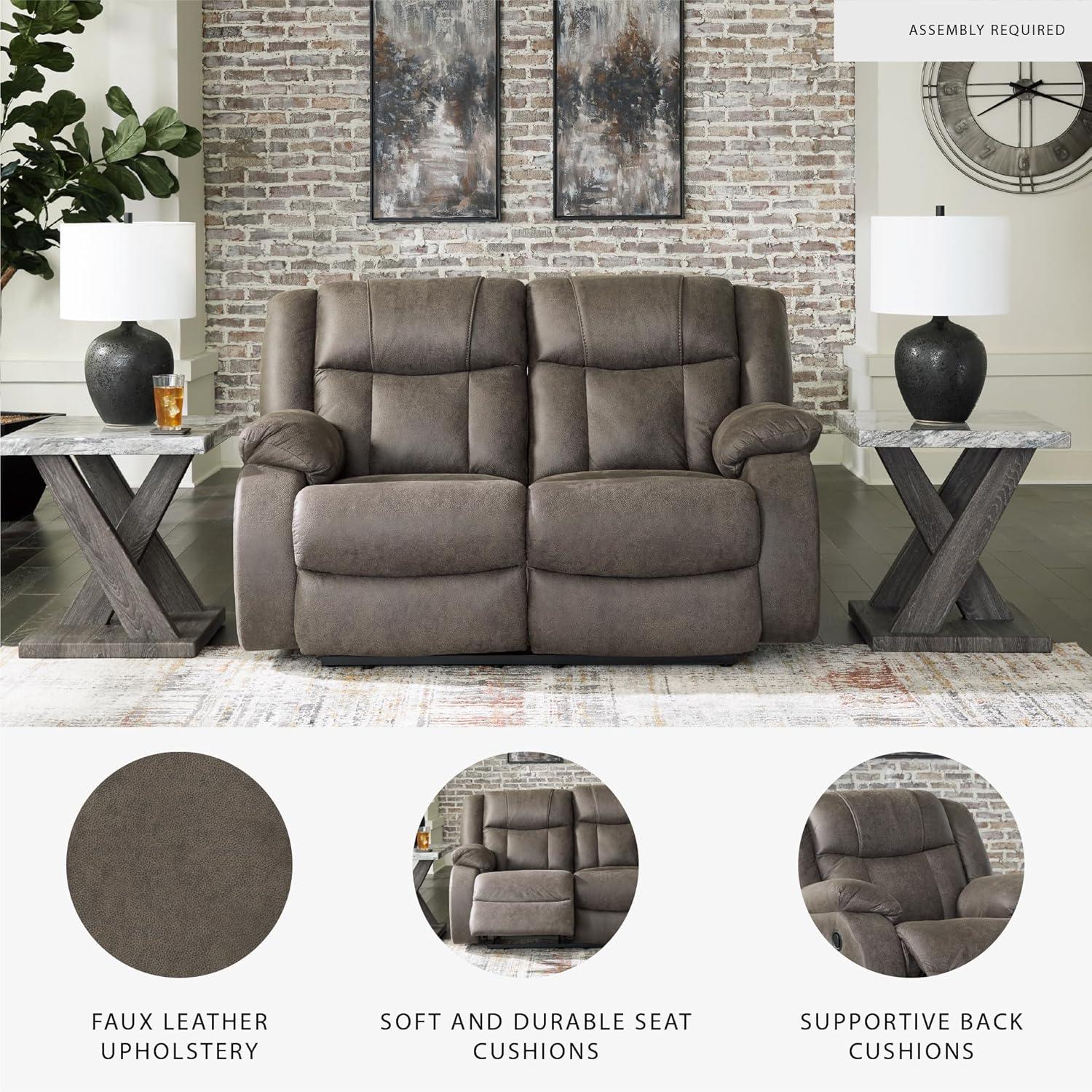 imageSignature Design by Ashley First Base Contemporary Faux Leather Manual Reclining Loveseat GrayGrey