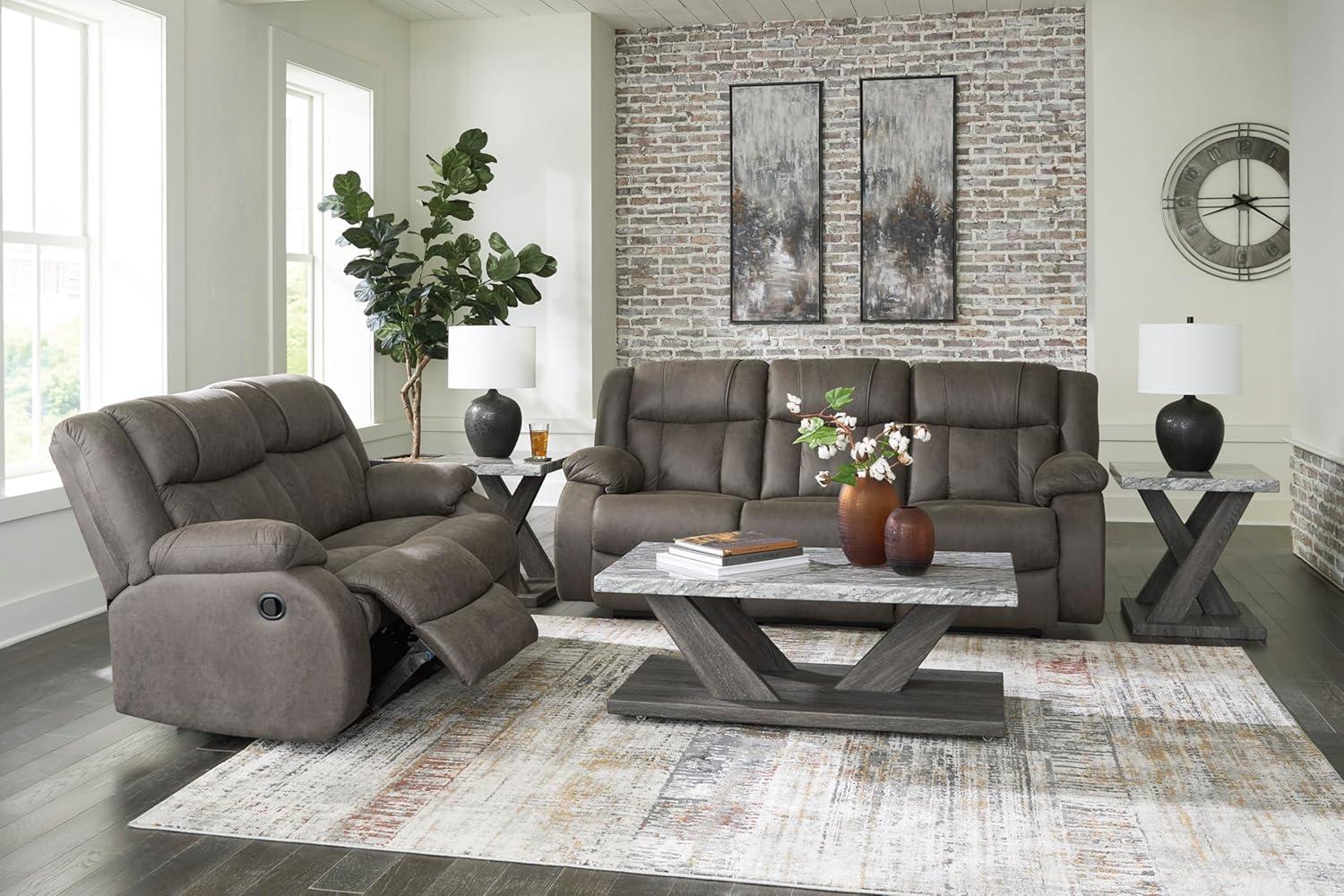 imageSignature Design by Ashley First Base Contemporary Faux Leather Manual Reclining Loveseat GrayGrey