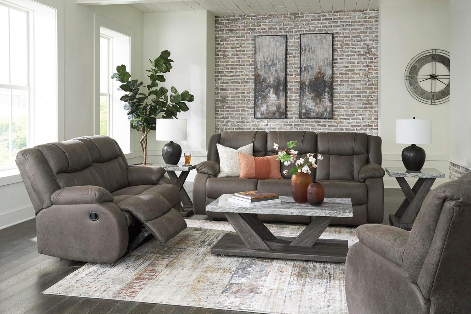 imageSignature Design by Ashley First Base Contemporary Faux Leather Manual Reclining Loveseat GrayGrey