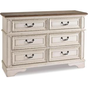Signature Design by Ashley Realyn Cottage 6-Drawer Dresser and Mirror with Safety Stop and Felt-Lined Top Drawer, White(Cream)