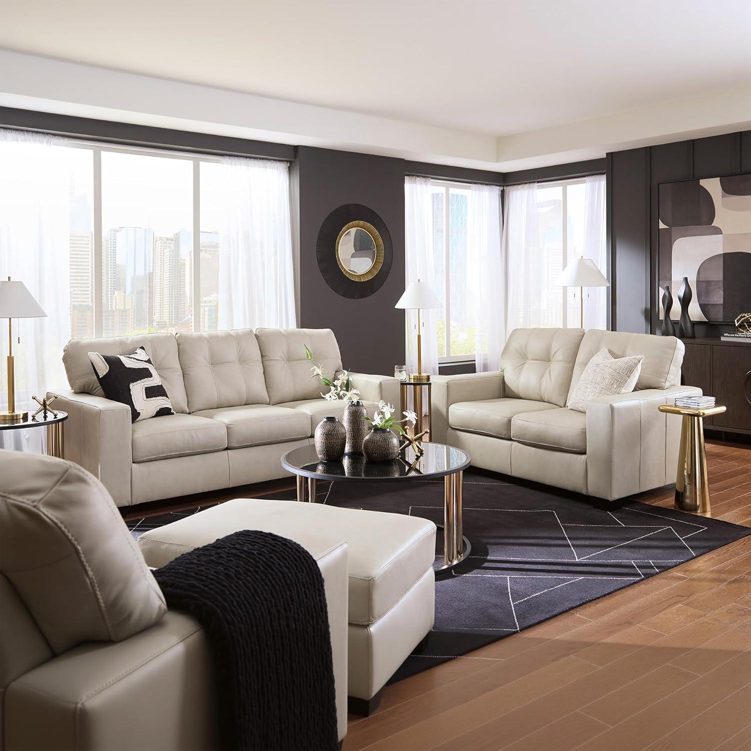 imageSignature Design by Ashley Santorine Classic Leather Match Sofa Sleeper with Tufted Cushion Removable Cushion and BiFold Memory Foam Mattress Queen Light GrayLight Gray
