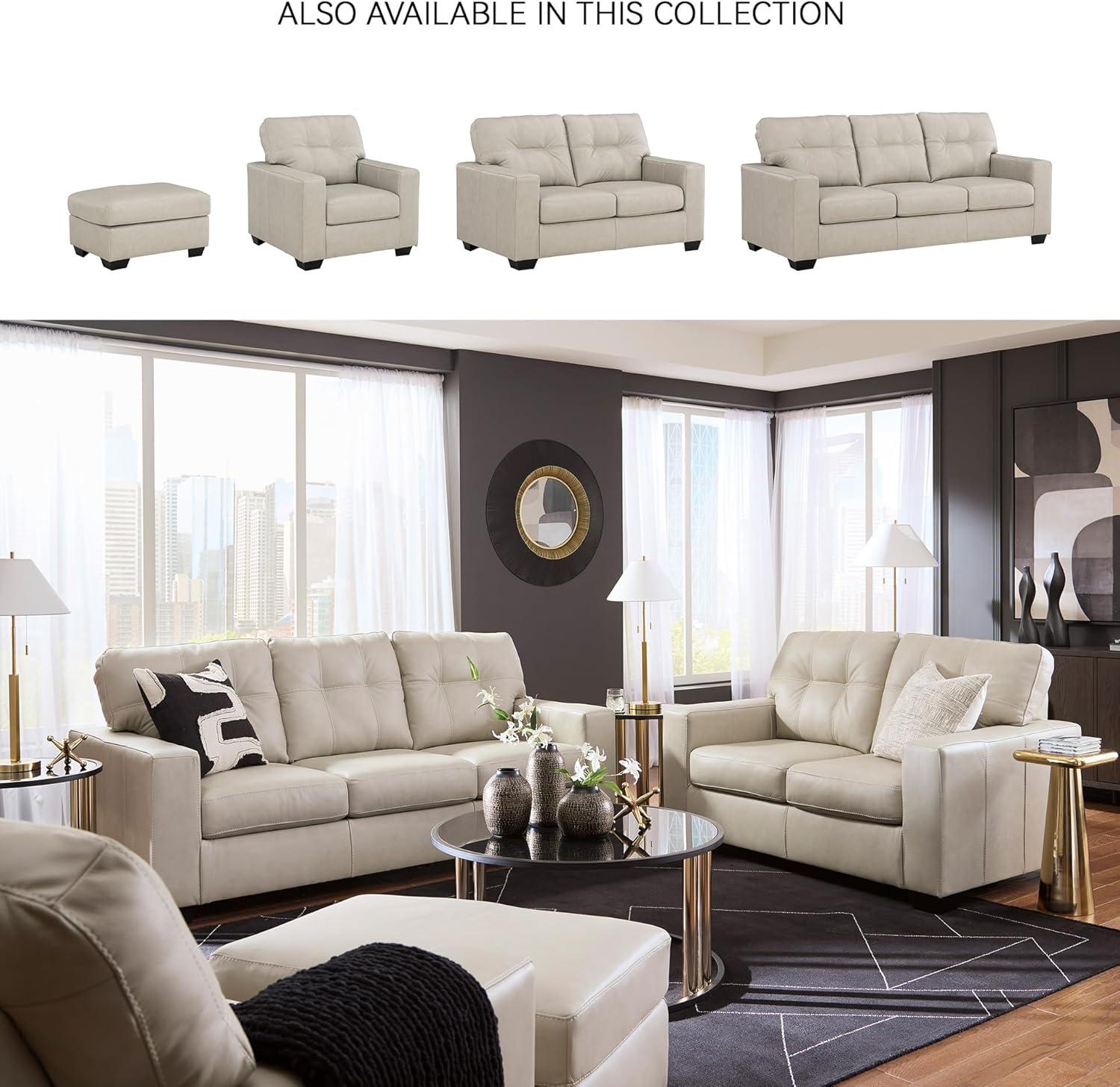 imageSignature Design by Ashley Santorine Classic Leather Match Sofa Sleeper with Tufted Cushion Removable Cushion and BiFold Memory Foam Mattress Queen Light GrayLight Gray