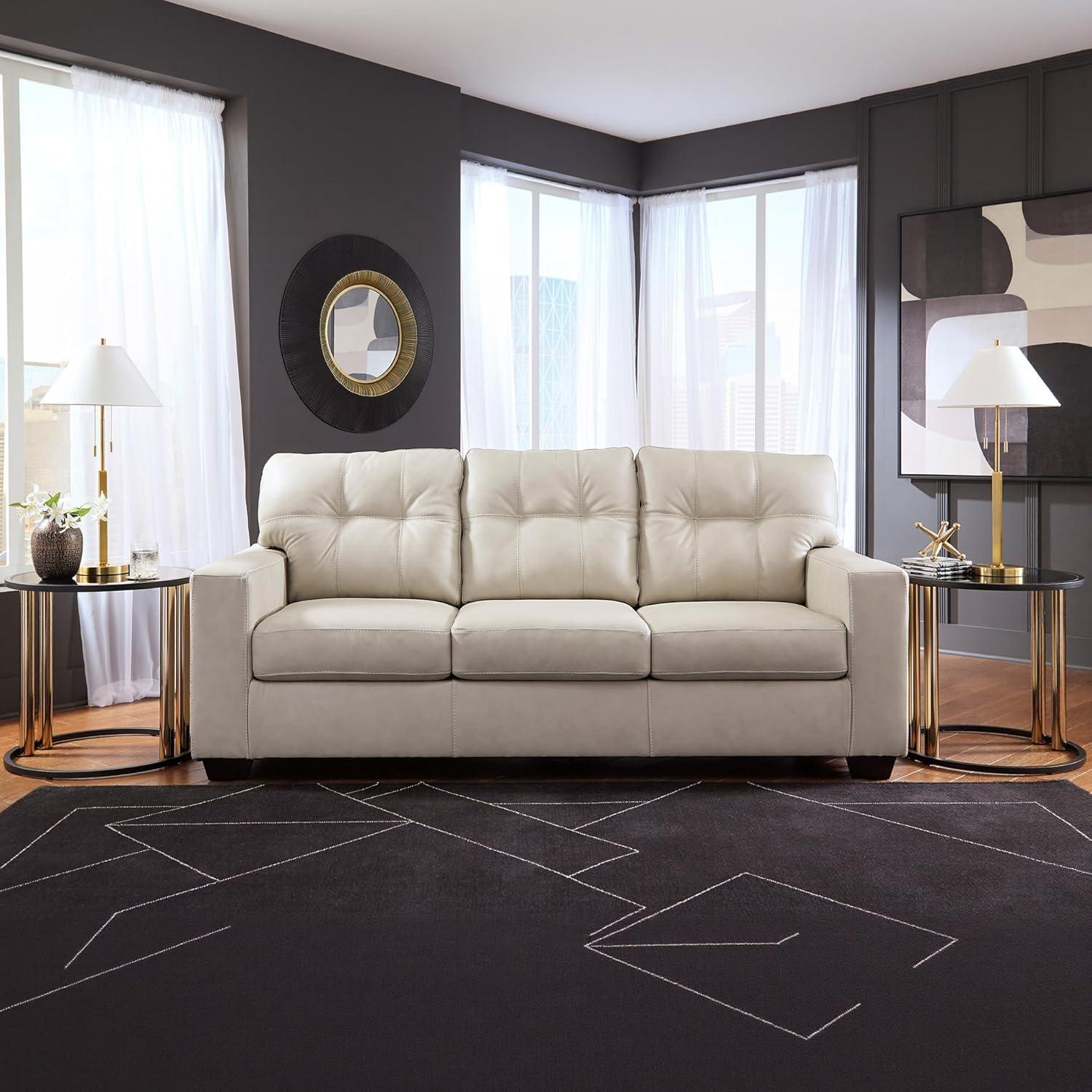 imageSignature Design by Ashley Santorine Classic Leather Match Sofa Sleeper with Tufted Cushion Removable Cushion and BiFold Memory Foam Mattress Queen Light GrayLight Gray