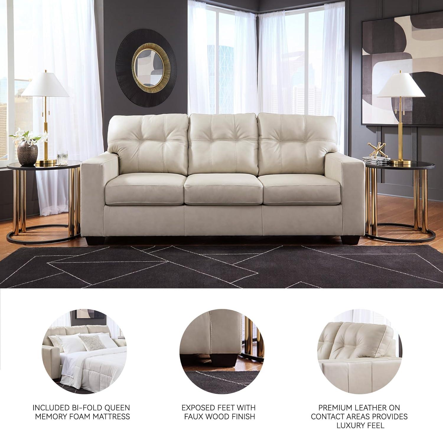 imageSignature Design by Ashley Santorine Classic Leather Match Sofa Sleeper with Tufted Cushion Removable Cushion and BiFold Memory Foam Mattress Queen Light GrayLight Gray