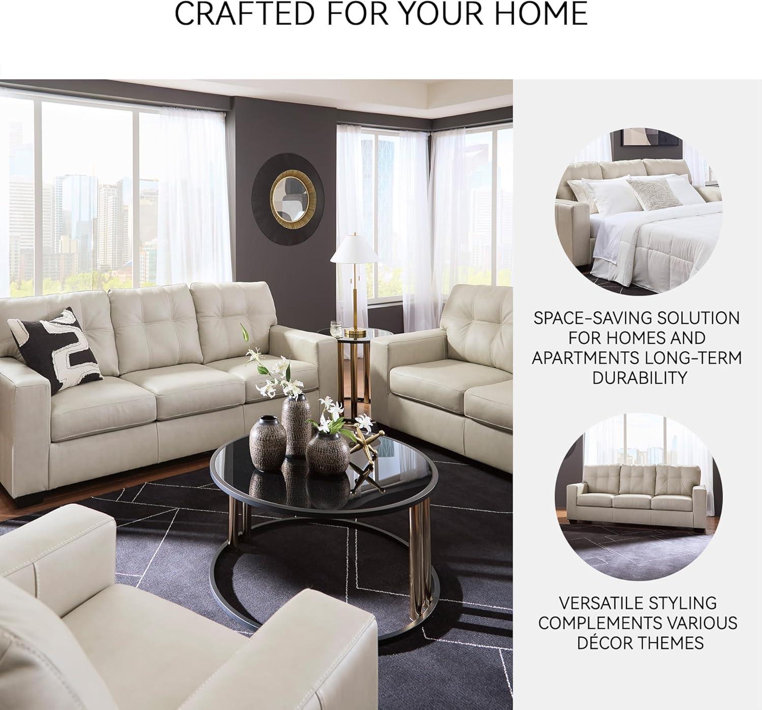 imageSignature Design by Ashley Santorine Classic Leather Match Sofa Sleeper with Tufted Cushion Removable Cushion and BiFold Memory Foam Mattress Queen Light GrayLight Gray