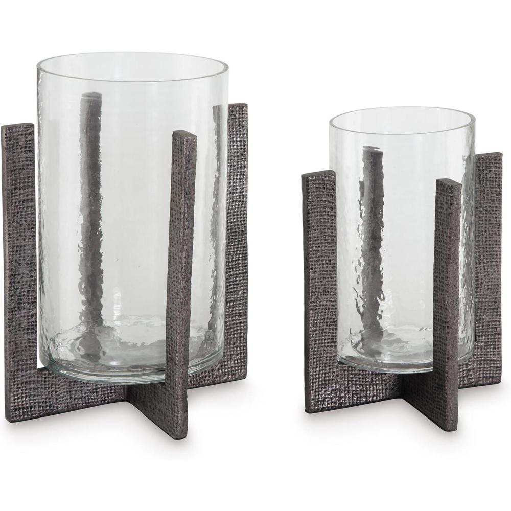 imageSignature Design by Ashley Garekton Casual Candle Holder Set for Pillar Candles Set of 2 Gray amp Glass