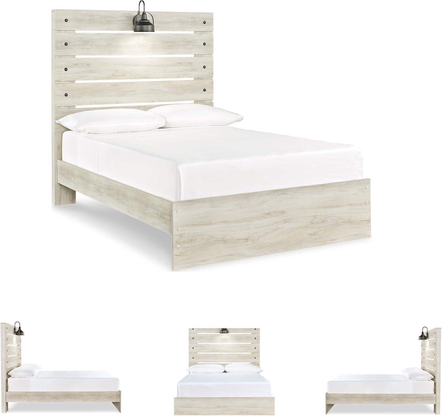 imageSignature Design by Ashley Cambeck Farmhouse Queen Panel Bed with 2 Storage Drawers Sconce Lights and USB Ports Foundation or Box Spring Needed WhitewashFull