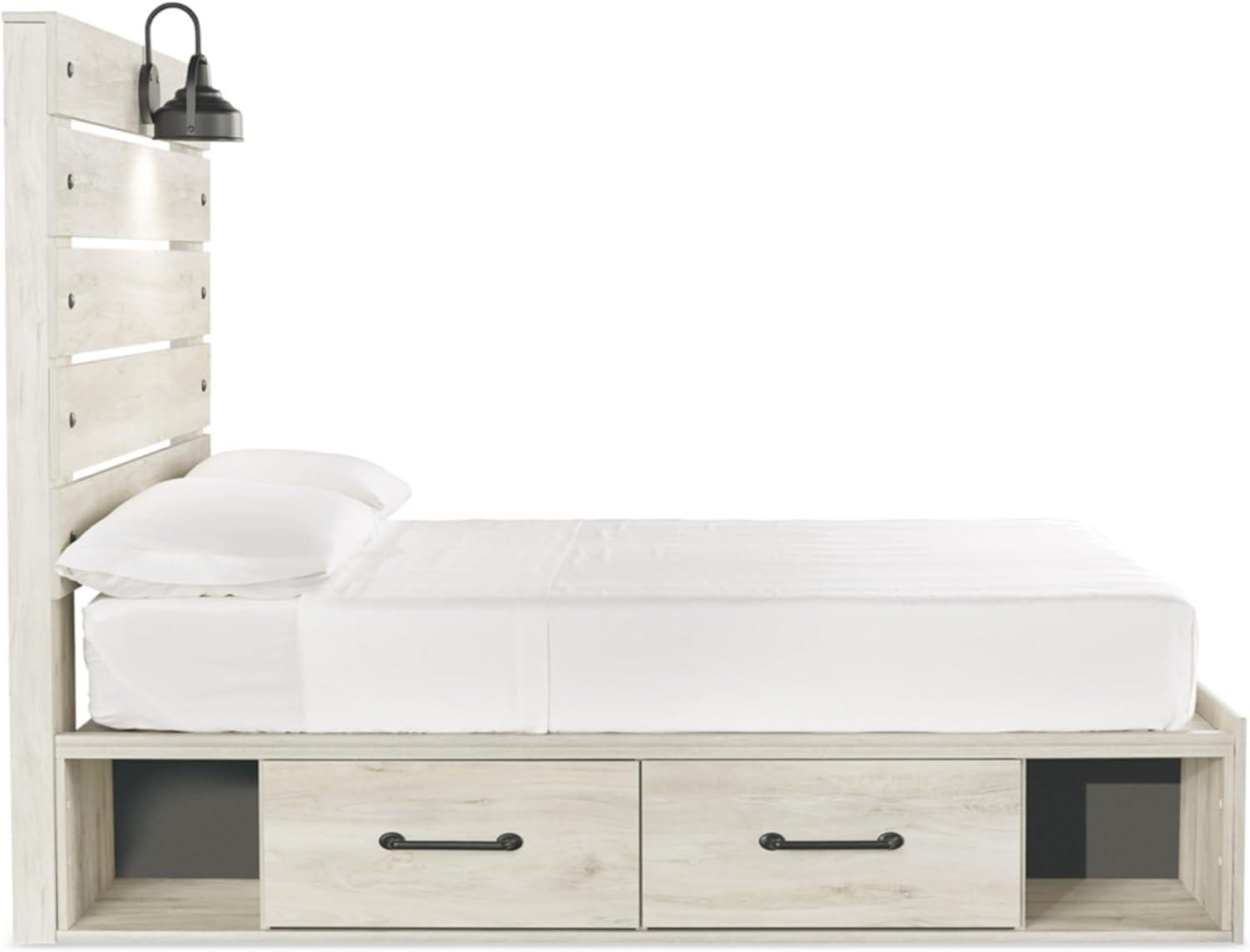 imageSignature Design by Ashley Cambeck Farmhouse Queen Panel Bed with 2 Storage Drawers Sconce Lights and USB Ports Foundation or Box Spring Needed WhitewashFull
