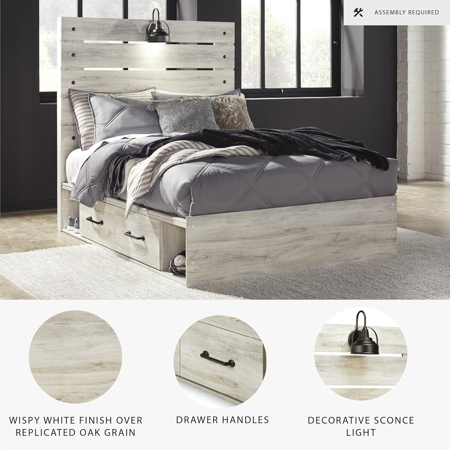 imageSignature Design by Ashley Cambeck Farmhouse Queen Panel Bed with 2 Storage Drawers Sconce Lights and USB Ports Foundation or Box Spring Needed WhitewashFull