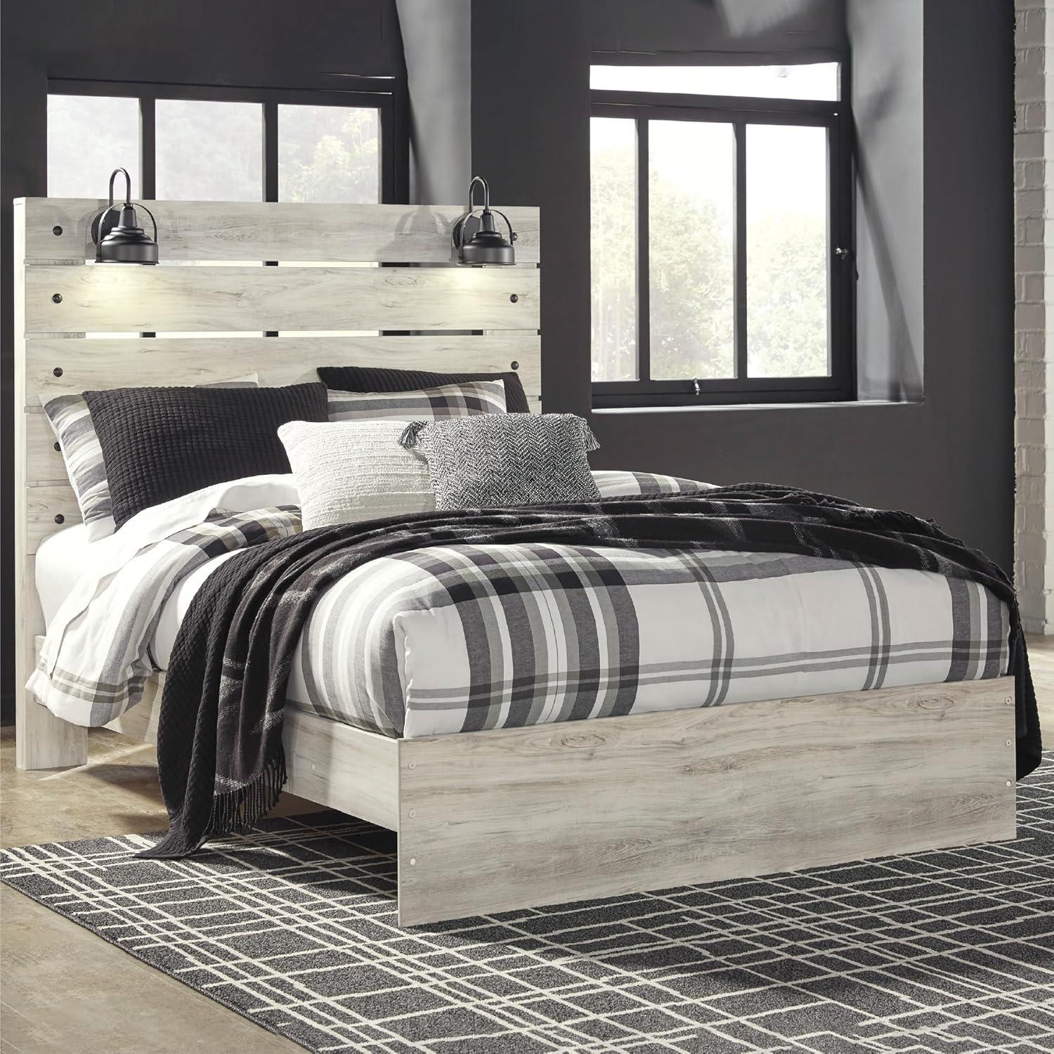 imageSignature Design by Ashley Cambeck Farmhouse Queen Panel Bed with 2 Storage Drawers Sconce Lights and USB Ports Foundation or Box Spring Needed WhitewashQueen