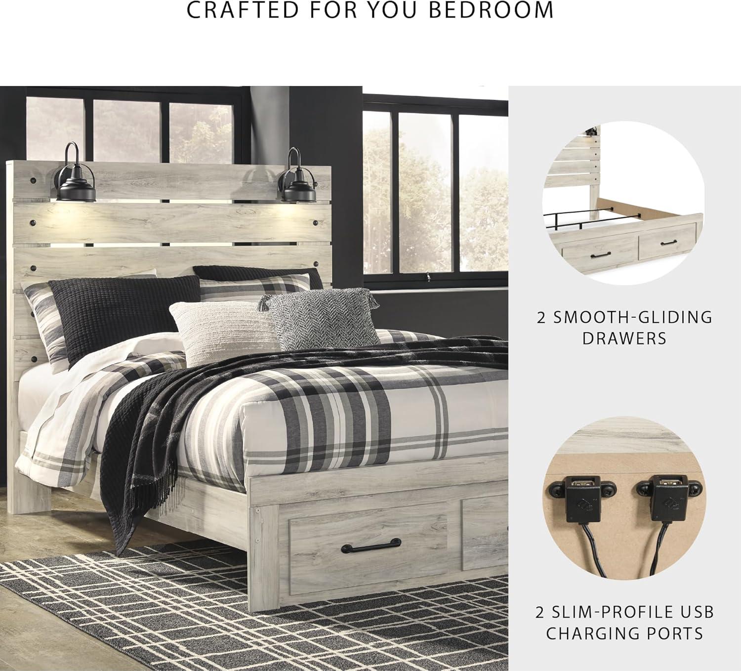 imageSignature Design by Ashley Cambeck Farmhouse Queen Panel Bed with 2 Storage Drawers Sconce Lights and USB Ports Foundation or Box Spring Needed WhitewashQueen