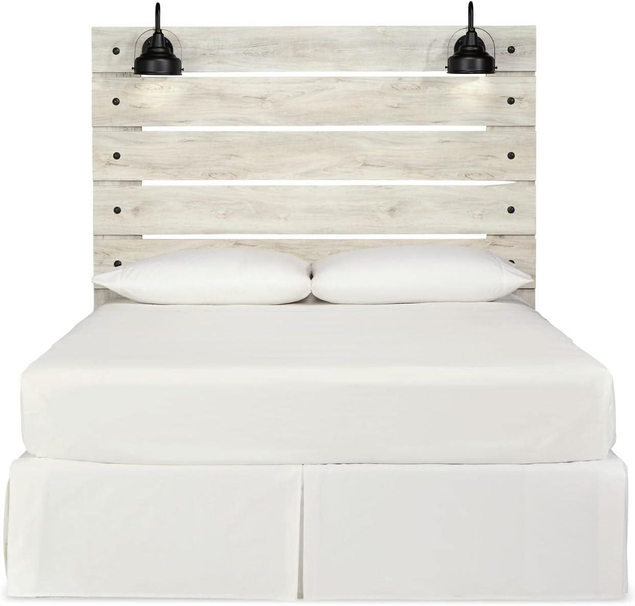 imageSignature Design by Ashley Cambeck Farmhouse Queen Panel Bed with 2 Storage Drawers Sconce Lights and USB Ports Foundation or Box Spring Needed WhitewashQueen