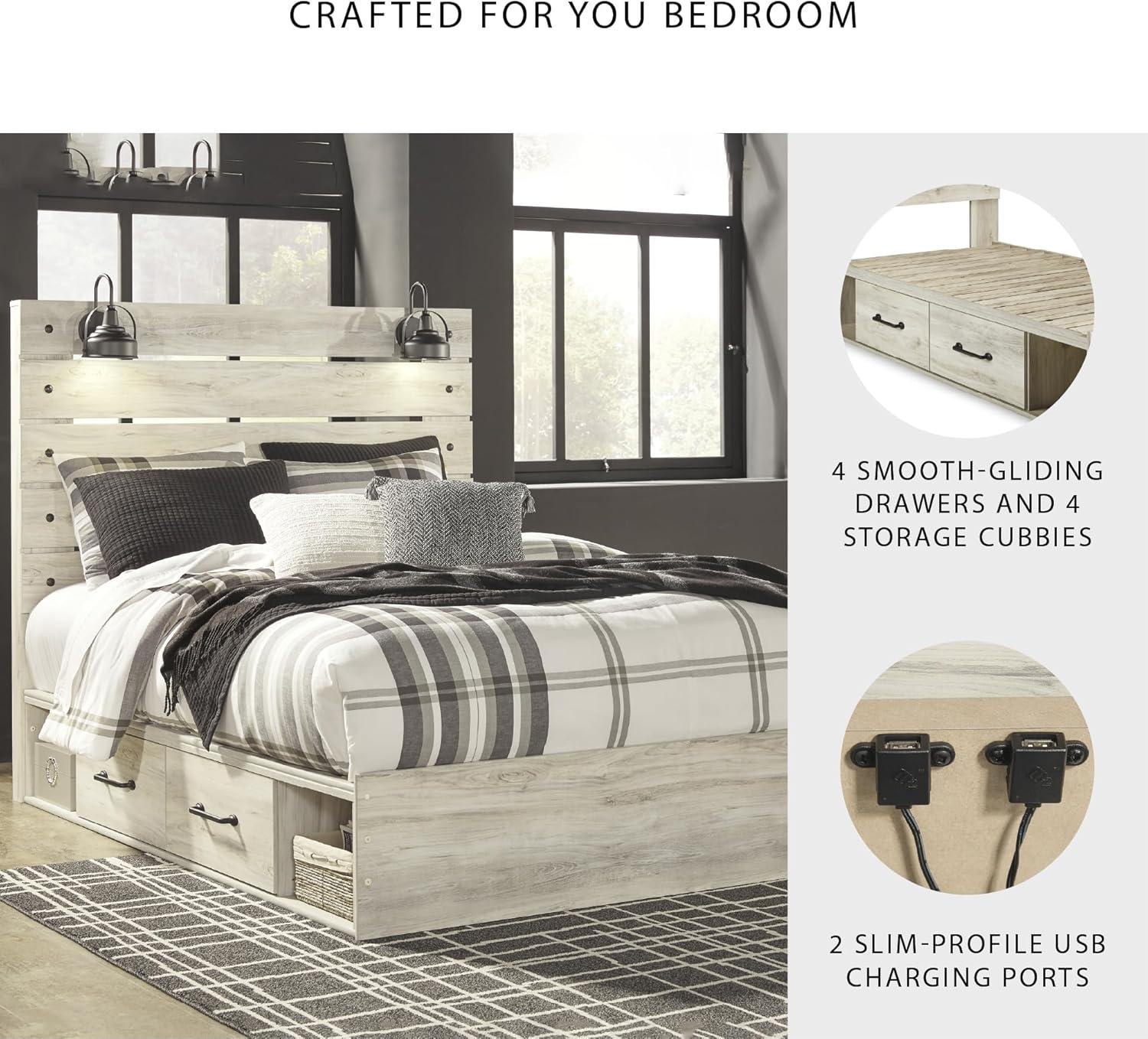 imageSignature Design by Ashley Cambeck Farmhouse Queen Panel Bed with 2 Storage Drawers Sconce Lights and USB Ports Foundation or Box Spring Needed WhitewashQueen