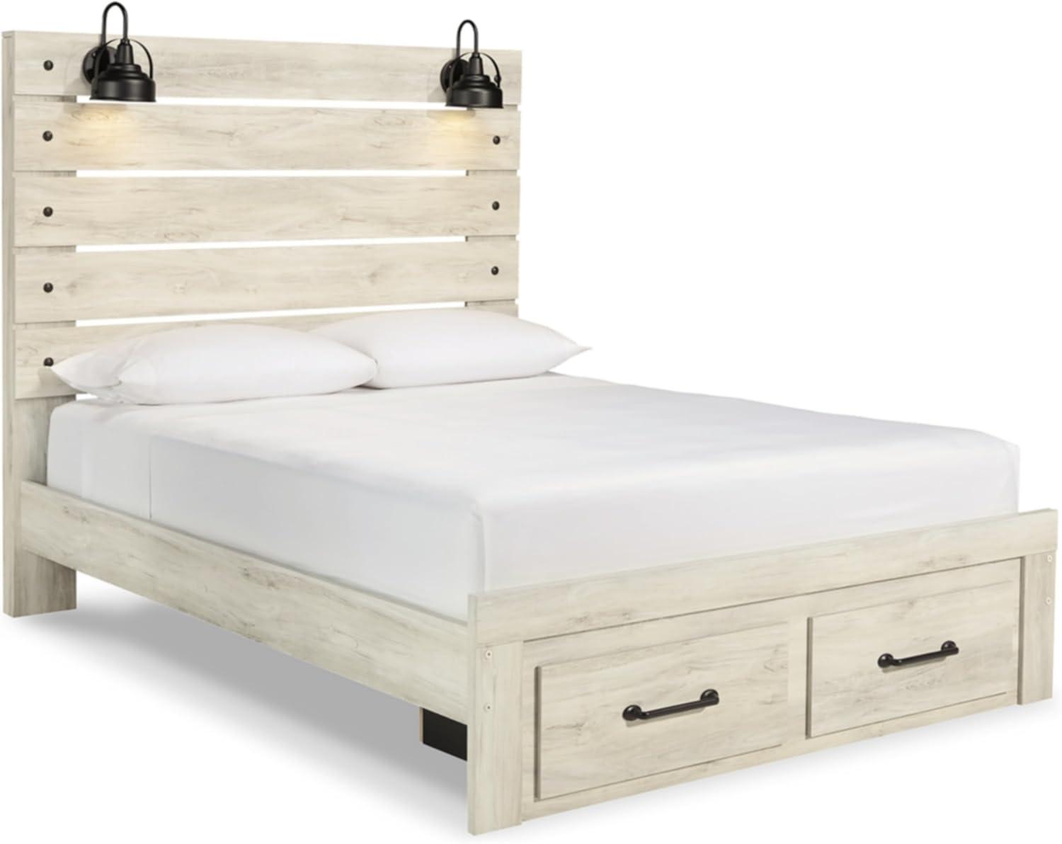 imageSignature Design by Ashley Cambeck Farmhouse Queen Panel Bed with 2 Storage Drawers Sconce Lights and USB Ports Foundation or Box Spring Needed WhitewashQueen
