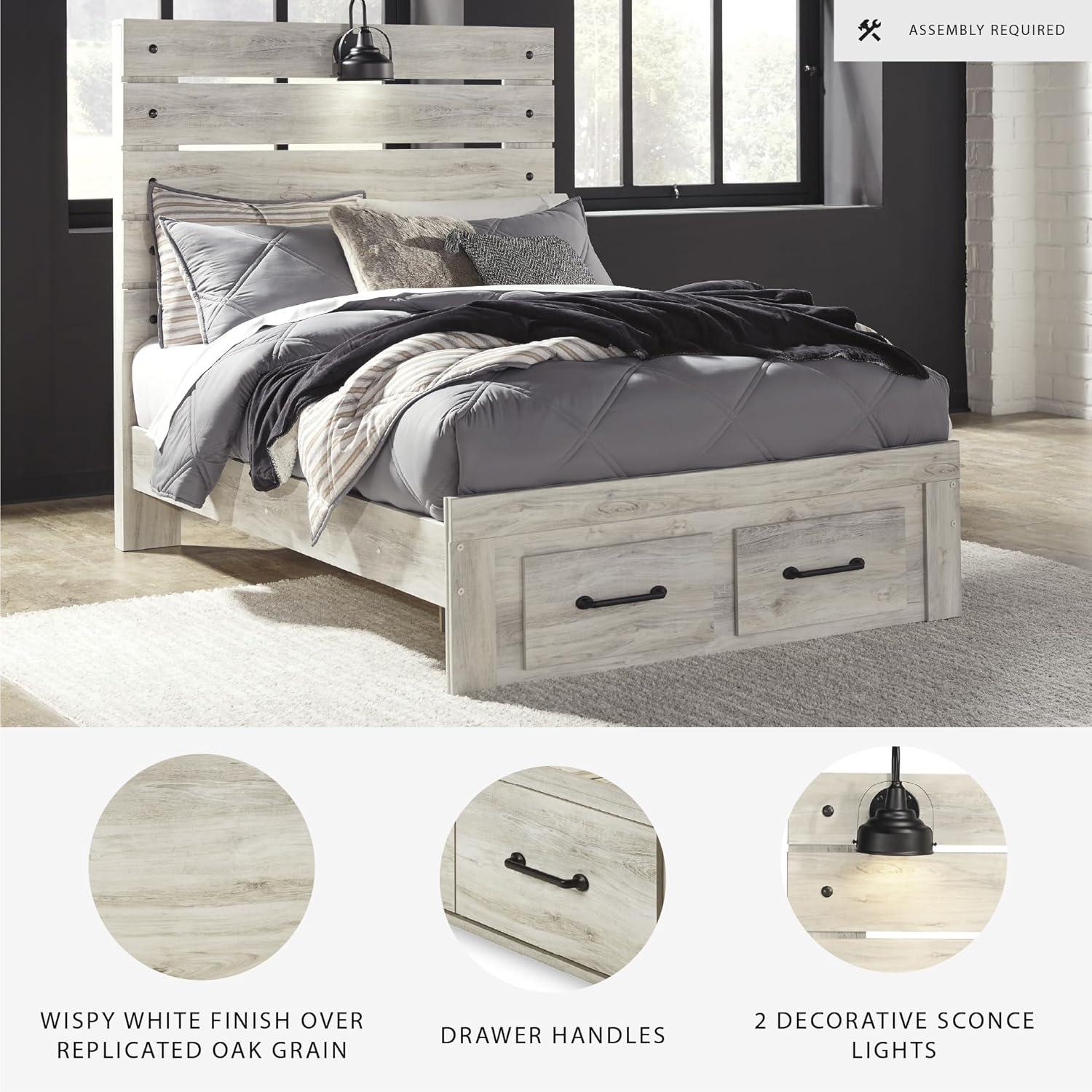 imageSignature Design by Ashley Cambeck Farmhouse Queen Panel Bed with 2 Storage Drawers Sconce Lights and USB Ports Foundation or Box Spring Needed WhitewashFull