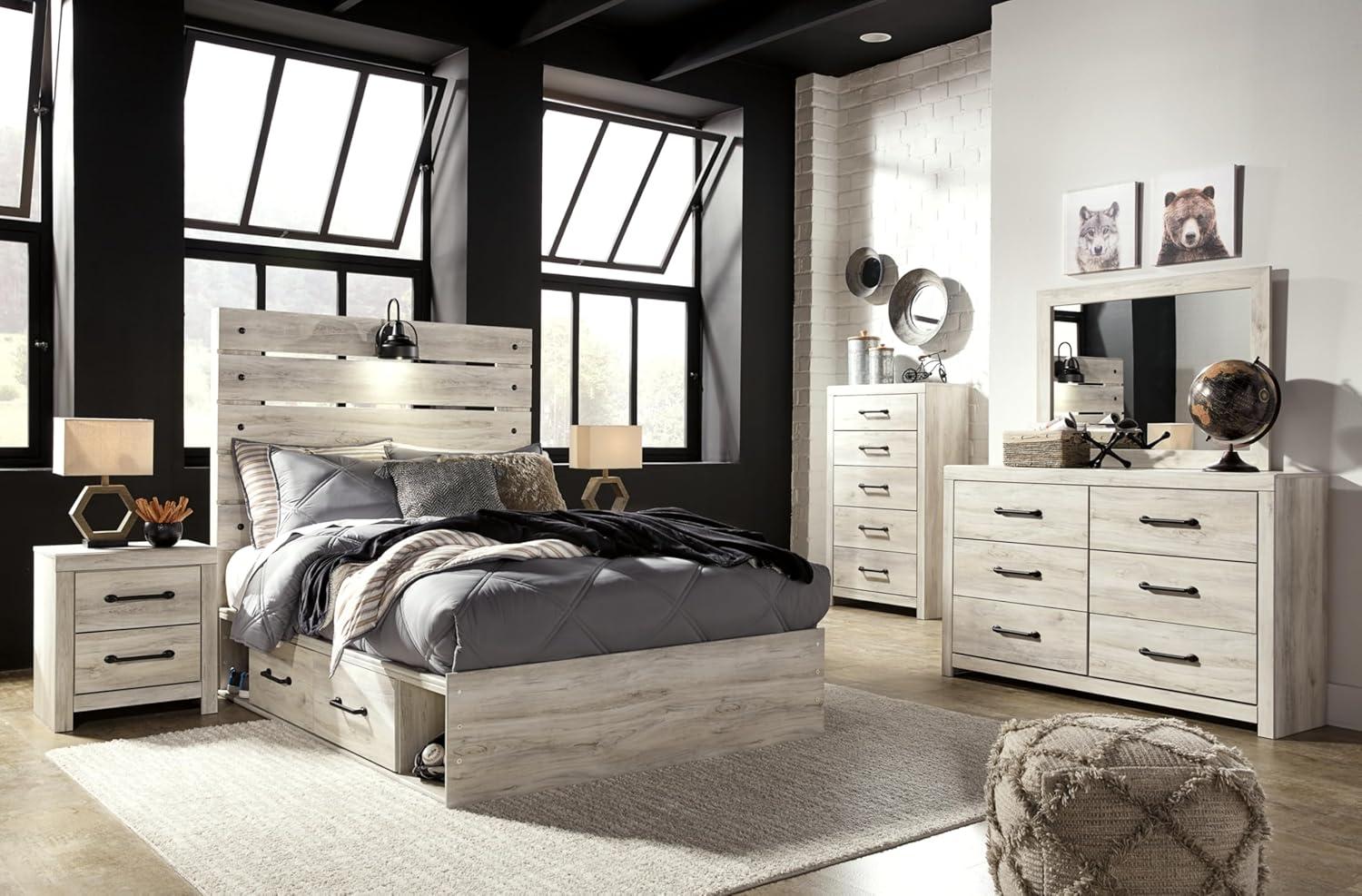 imageSignature Design by Ashley Cambeck Farmhouse Queen Panel Bed with 2 Storage Drawers Sconce Lights and USB Ports Foundation or Box Spring Needed WhitewashFull