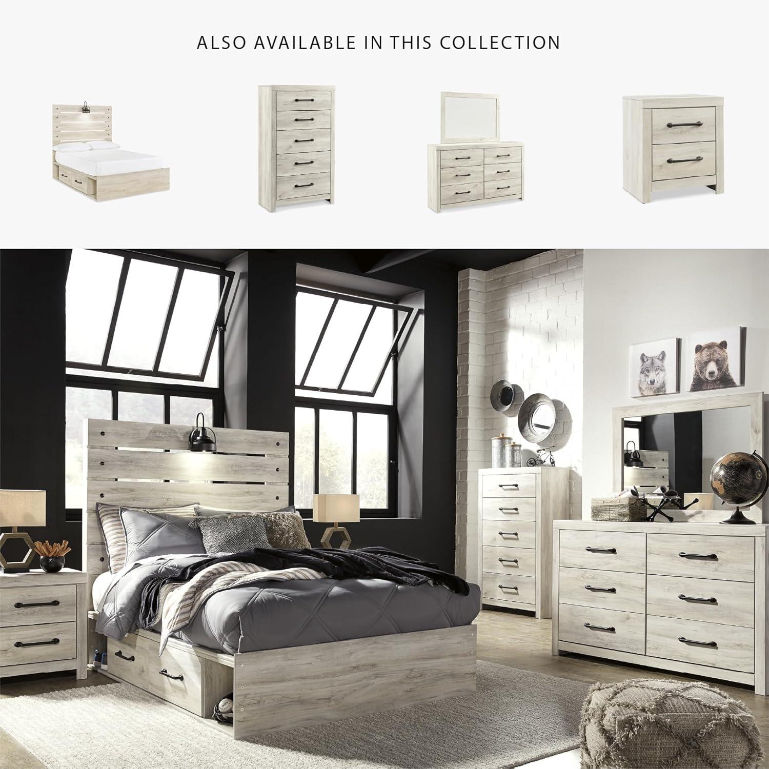 imageSignature Design by Ashley Cambeck Farmhouse Queen Panel Bed with 2 Storage Drawers Sconce Lights and USB Ports Foundation or Box Spring Needed WhitewashFull