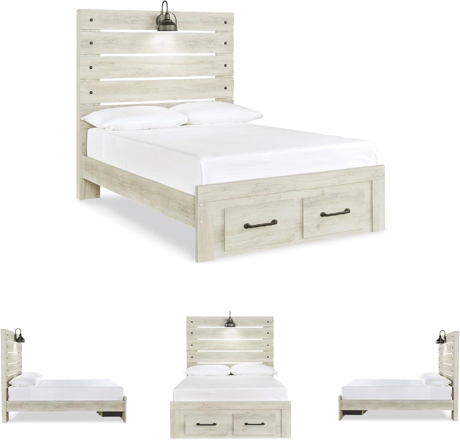 imageSignature Design by Ashley Cambeck Farmhouse Queen Panel Bed with 2 Storage Drawers Sconce Lights and USB Ports Foundation or Box Spring Needed WhitewashFull