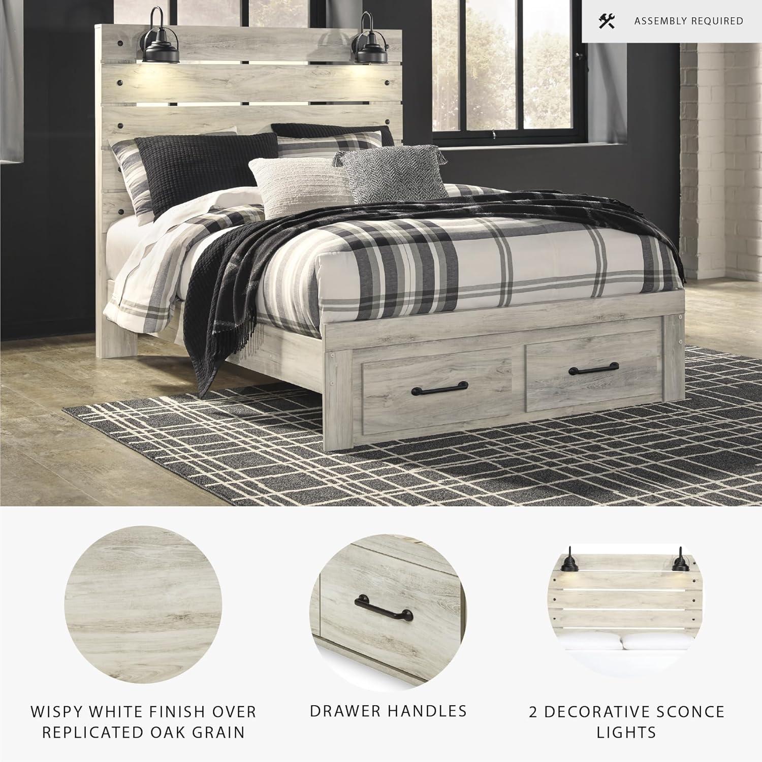 imageSignature Design by Ashley Cambeck Farmhouse Queen Panel Bed with 2 Storage Drawers Sconce Lights and USB Ports Foundation or Box Spring Needed WhitewashQueen