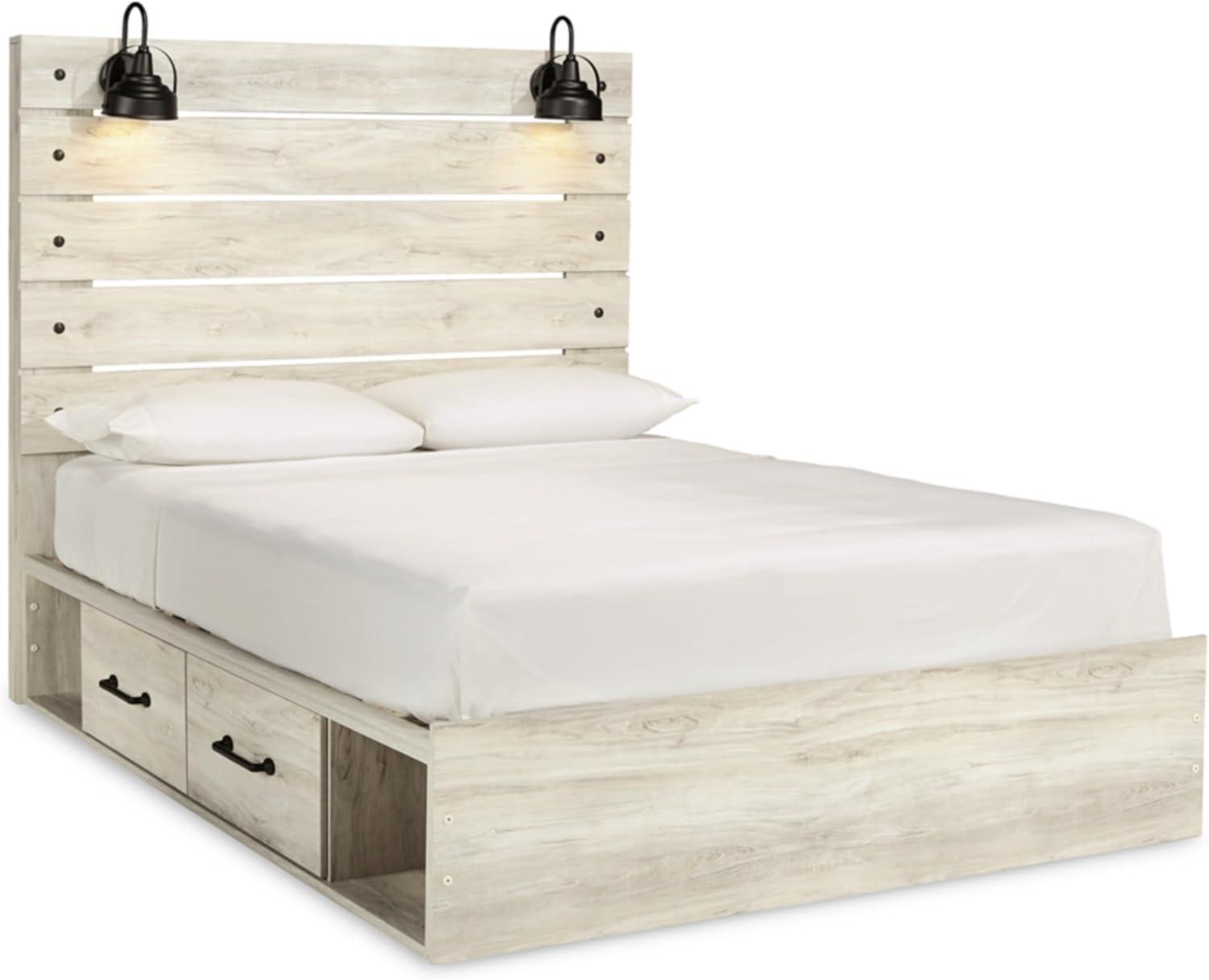 imageSignature Design by Ashley Cambeck Farmhouse Queen Panel Bed with 2 Storage Drawers Sconce Lights and USB Ports Foundation or Box Spring Needed WhitewashQueen