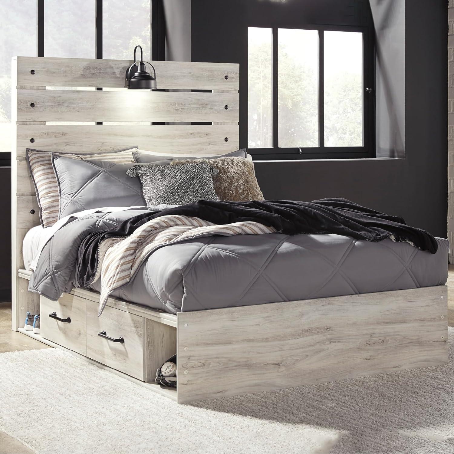 imageSignature Design by Ashley Cambeck Farmhouse Queen Panel Bed with 2 Storage Drawers Sconce Lights and USB Ports Foundation or Box Spring Needed WhitewashFull