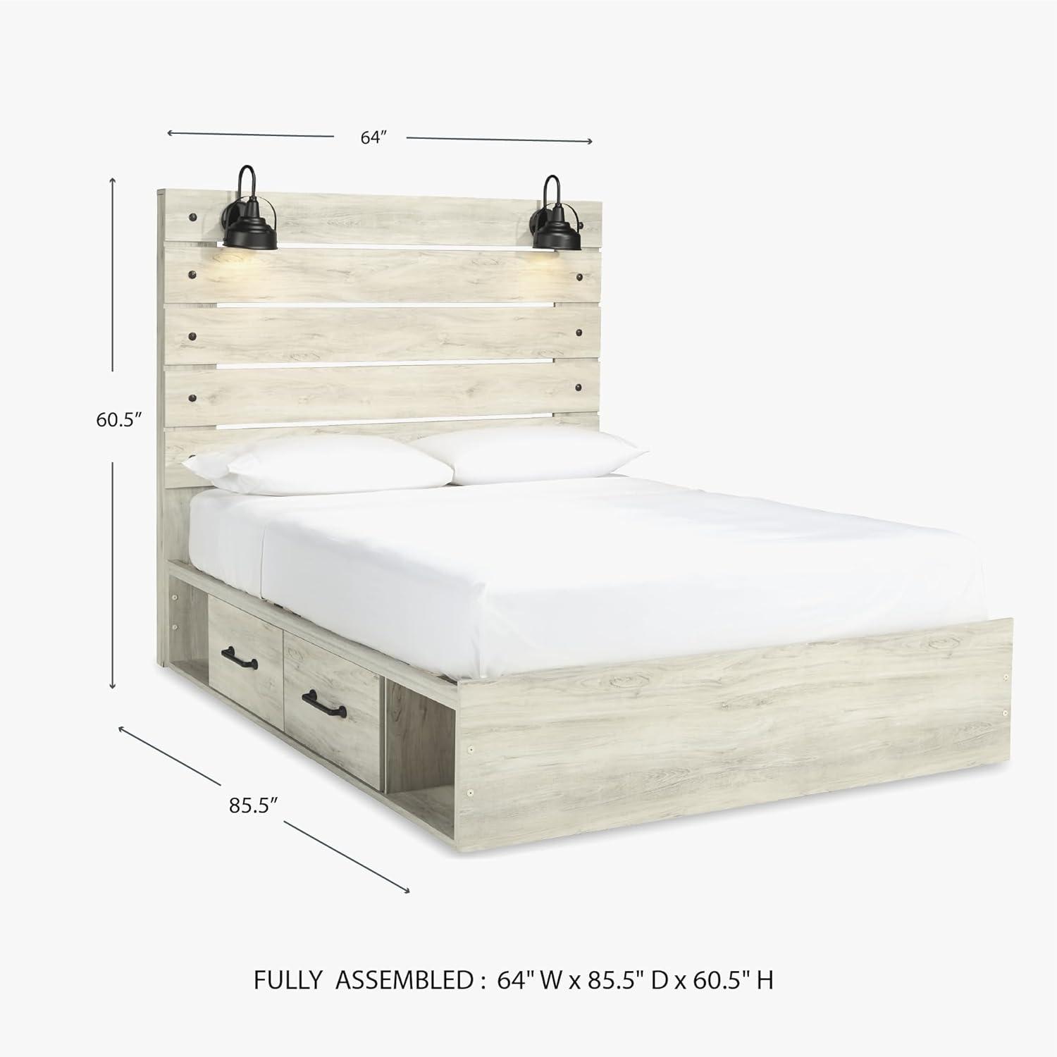 imageSignature Design by Ashley Cambeck Farmhouse Queen Panel Bed with 2 Storage Drawers Sconce Lights and USB Ports Foundation or Box Spring Needed WhitewashQueen