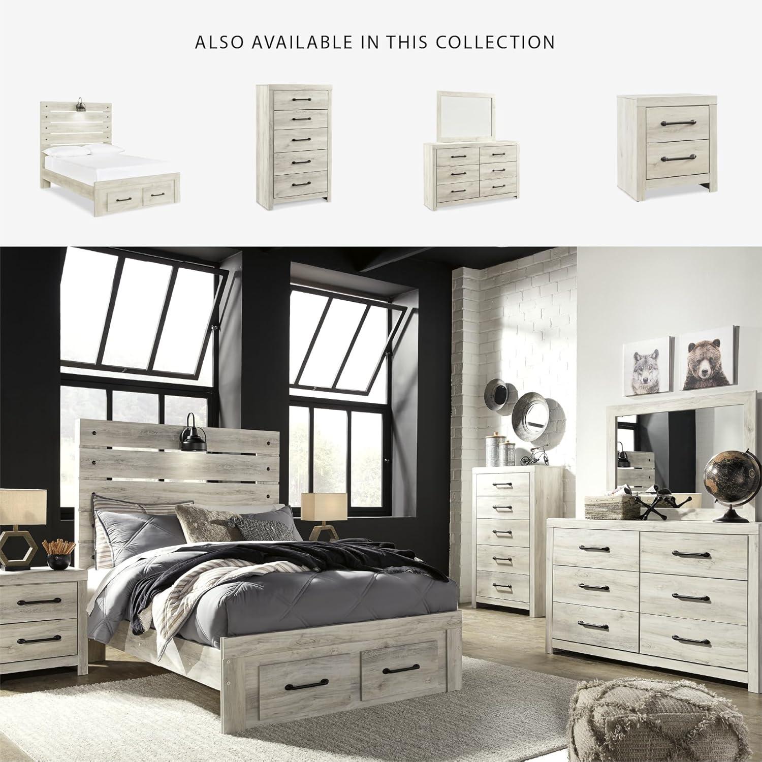 imageSignature Design by Ashley Cambeck Farmhouse Queen Panel Bed with 2 Storage Drawers Sconce Lights and USB Ports Foundation or Box Spring Needed WhitewashFull