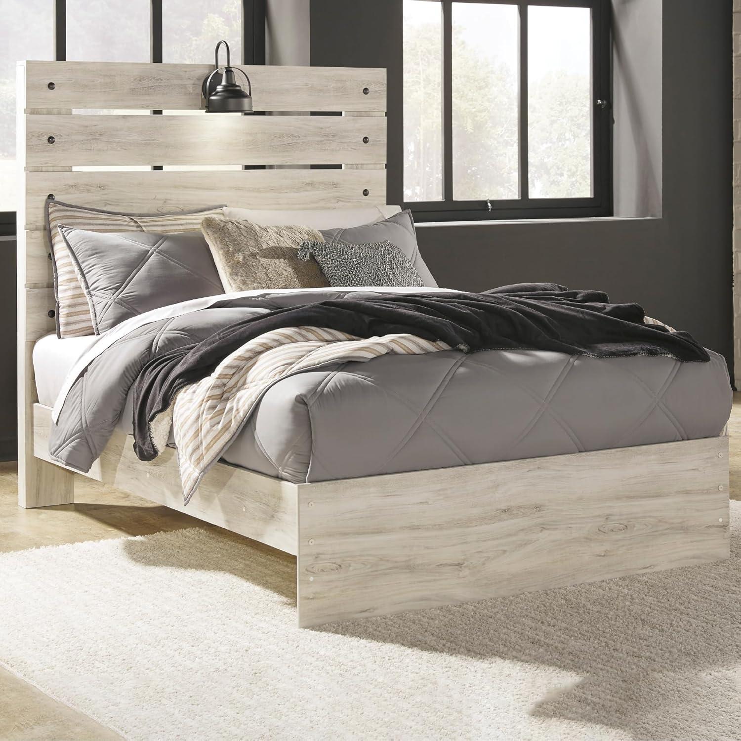 imageSignature Design by Ashley Cambeck Farmhouse Queen Panel Bed with 2 Storage Drawers Sconce Lights and USB Ports Foundation or Box Spring Needed WhitewashFull
